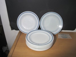 Lot of 6 Pyrex &amp; Anchor Hocking Milk Glass Dinner Plates Blue Trim 9 &quot; V... - £47.42 GBP