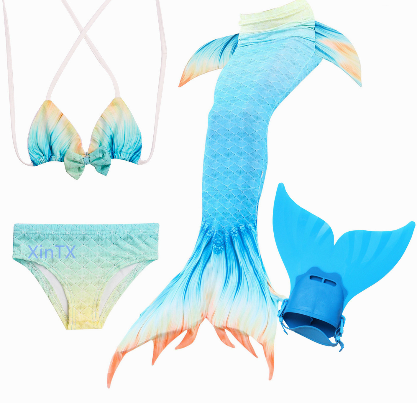 4PCS/Set Light Blue Swimmable Mermaid Tail With Monofin Girls Swimwear Costume