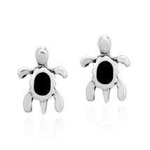 Tiny Sterling Silver Sea Turtles with Simulated Black Onyx Stud Earrings - £8.83 GBP