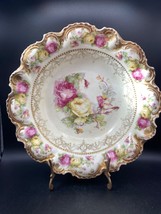 Serving Bowl, large, scalloped edge, yellow &amp; red roses, gold details ANT c1910 - £32.70 GBP