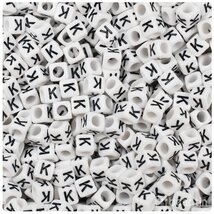 BeadTin White Opaque 6mm Cube Plastic Alphabet Beads- Black Letter K (80... - $2.09