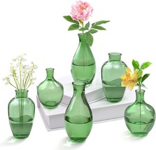 The Set Of Six Green Glass Bud Vases Is Perfect For Holding Small Flowers Or As - £25.22 GBP