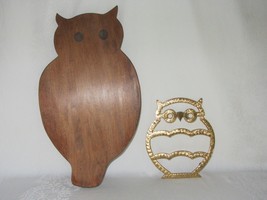 Vintage Wood Owl Cutting Board Wall Hanging Decor &amp; Gold Color Metal Trivet - £32.14 GBP