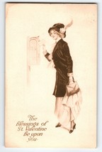 Gibson Girl Mails Letter In Mailbox Postcard Valentine Greetings 1916 Sepia - £13.18 GBP