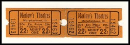 2-.22 Cent Marlow&#39;s Theatre Tickets, Murphysboro, Illinois/IL, 1950&#39;s? - $2.95