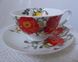 Stechcol Gracie Bone China Cup and Saucer Set Red Wild Rose Floral NEW Coastline - £12.05 GBP