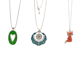 Lot of 3 Enameled Necklaces Silver Chain Fox Heart Pearl Kaleidoscope Pendants - £7.76 GBP