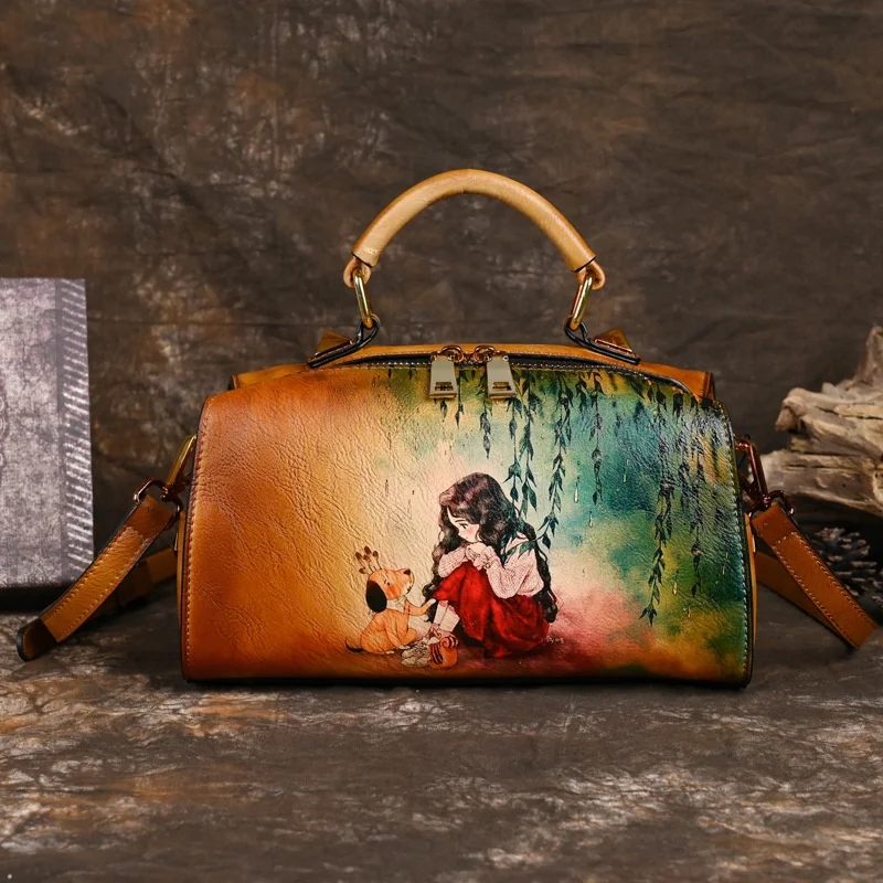   Retro Leather Women&#39;s Shoulder Bag 2024 Trend Ladies Handdrawn Luxury  Handbag - £61.27 GBP