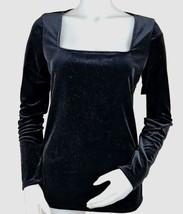 Halogen Black Velvet Top Womens M Fitted Long Sleeve Square Neckline Str... - $25.46