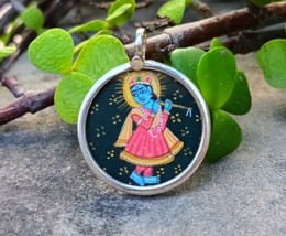 Handmade Hand Painted 925 Sterling Silver Miniature Krishna Pendant 23X30mm #30 - £26.67 GBP