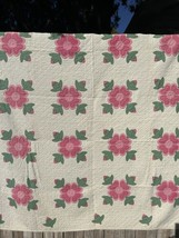 Vintage Quilt Rose Of Sharon Pink White Summer Weight 90” X 152” - £238.63 GBP