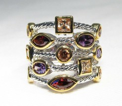 Sterling Silver &amp; Gold Overlay Multi Gemstone Band Ring C1864 - £138.33 GBP