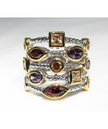 Sterling Silver &amp; Gold Overlay Multi Gemstone Band Ring C1864 - £138.69 GBP