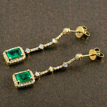Vintage 2.50 CT Colombian Emerald &amp; Diamond Dangle Earrings 14K Yellow Gold Over - £71.58 GBP