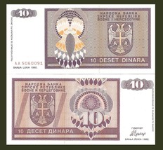 Bosnia-Herzegovina P133a,10 Dinara, 1993 UNC - Serbian Republic - $2.33