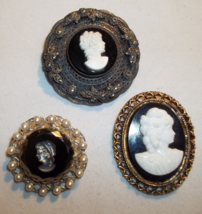Lot of Three Vintage Cameo Pins Intaglio Onyx Marcasite Silver Gold Fili... - $19.79