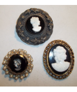 Lot of Three Vintage Cameo Pins Intaglio Onyx Marcasite Silver Gold Fili... - £15.57 GBP