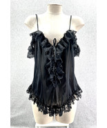 Vintage Semi Sheer Black Ruffle Lace Front 3-Tie Camisole Made In USA Si... - $597.85 MXN