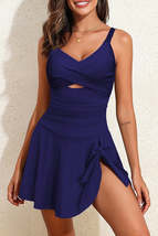 Navy Blue Adjustable Straps Cutout Ruched Knot Slit One Piece Swim Dress - $30.99+