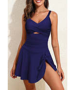 Navy Blue Adjustable Straps Cutout Ruched Knot Slit One Piece Swim Dress - $30.99 - $32.99