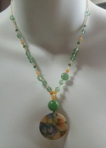 Vintage Green Glass Bead &amp; Floral Shell Pendant Necklace W/Seed Beads - £19.75 GBP