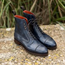 Handmade Men&#39;s Cap toe leather dress boots, Men Navy blue leather ankle boots - £127.42 GBP