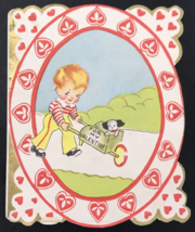 Antique Valentine Boy Pushing Dog in Wagon Greeting Card 3.75&quot; x 4.75 USA - $9.49
