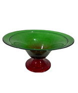 Console Centerpiece Bowl Green With Red Pedestal Art Glass 15” - £38.45 GBP