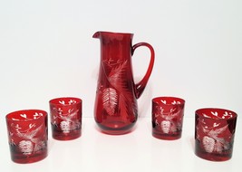 NEW Williams Sonoma Red Pinecone Cut Pitcher and Set of 4 Red Pinecone Cut Doubl - £216.99 GBP