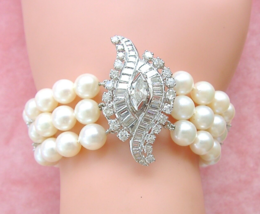 VINTAGE 4.5ctw DIAMOND 3 STRAND PEARL STATEMENT BRACELET &amp; REMOVABLE BRO... - £4,582.85 GBP