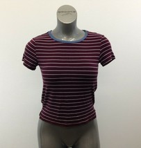 American Eagle Top Women&#39;s Medium Burgundy White Striped Short Sleeve T Shirt - $9.79