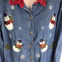 Vintage Bobbie Brooks Embellished Snowman Denim Button Front Shirt Size L - £13.91 GBP