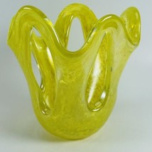 Stretch Art Glass Vase Yellow Specked Pull Up Holes MCM Abstract Draped 5 inch - $73.45