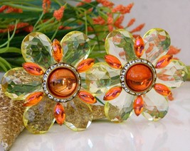 Vintage Lucite Flower Earrings Yellow Orange Plastic Rhinestone Large - $49.95
