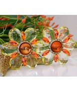 Vintage Lucite Flower Earrings Yellow Orange Plastic Rhinestone Large - $49.95