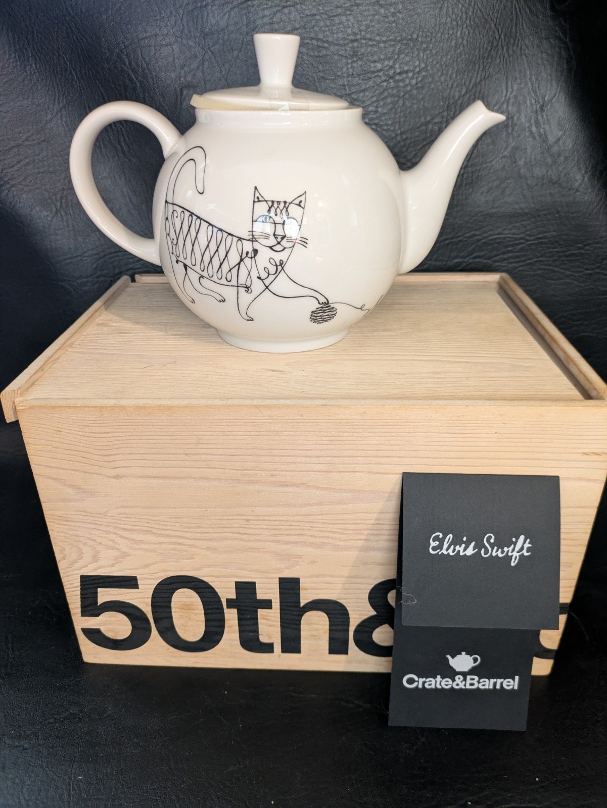 Crate & Barrel Elvis Swift Cat Dog Teapot 7 of 200 50th Anniversary Wood Box NEW Item image 3