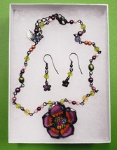 Multicolor Purple Pink Green Beads FLOWER 19" Necklace 1-1/2" Earrings w/Box - $12.87
