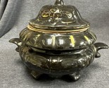 Vintage Brown/Black Glazed Pot w/Lid Hand Painted Gold Trim GCI 1995 - 5... - $18.81