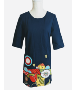 Womens Navy Blue Embroidered Shift Dress w/ Pockets 3/4 Sleeve Artsy Ecl... - £12.02 GBP