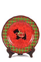 222 Fifth Christmas Scotty Scottie Dog Plaid 9&quot;Appetizer Dessert Plate Red Green - £16.43 GBP
