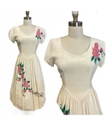 1940s Vintage Rayon Day Dress Ivory w/Roses Floral Print Size M Rockabil... - $173.25