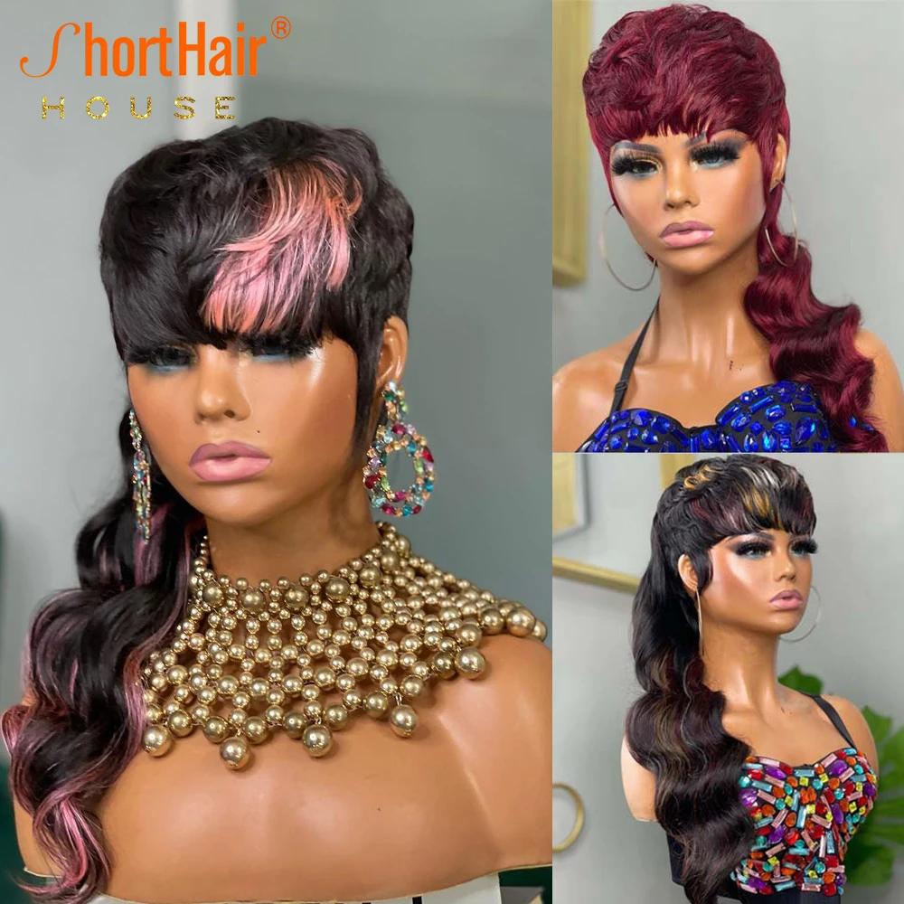 Cool Girls Pixie Cut Wavy Wigs Mullet Human Hair Body Wave Wigs For Women Human - £56.20 GBP+