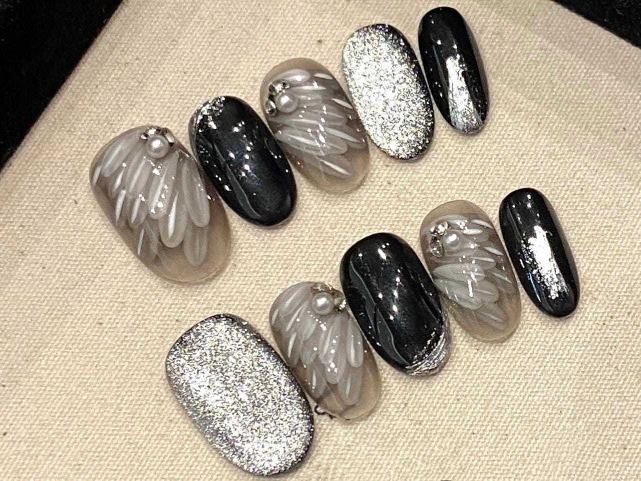 Black &amp; Silver Angel Wing Press-On Nails  3D Art Pearl Accent Glitter Se... - $23.99
