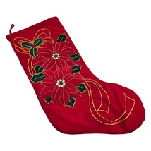 Prima Creations Christmas Stocking Red Velvet Poinsettia Embroidered Vintage - £14.02 GBP