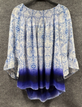 Valerie Stevens Blouse Womens 1X Boho Sheer Top Blue White Floral Flare Sleeves - $25.41