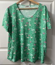 Enjoynight Pajama Top Womens Plus 2x Green Pink Flamingo Short Sleeved F... - £8.43 GBP