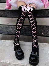 Black Over the Knee Socks Pink Crossbones Goth Halloween OSFM - £12.24 GBP