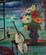 Shlomo Alter Original Acryl auf Leinwand Geige Fenster Blick Früchte und Blumen - £753.95 GBP