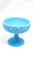 Fenton Compote/Candy Dish Custard Satin Glass Blue Water Lily Vintage - £34.84 GBP