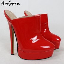 Sexy Women Mules Pump Shoe Red Shiny High Heels Stilettos Crossdresser Play Fun  - £222.80 GBP